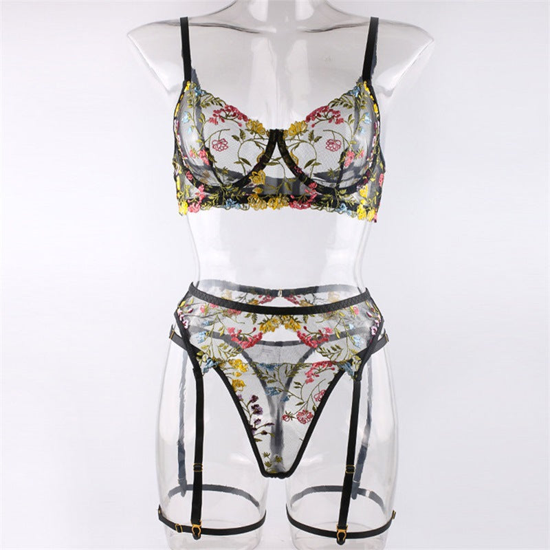 Embroidered multi-colored floral bra, sheer lingerie three-piece set