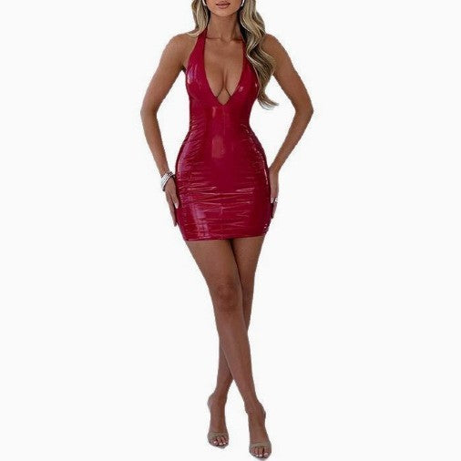 Mirror-finish PU halter-neck V-neck bodycon dress