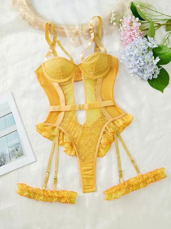 Lace mesh suspender bodysuit sexy lingerie