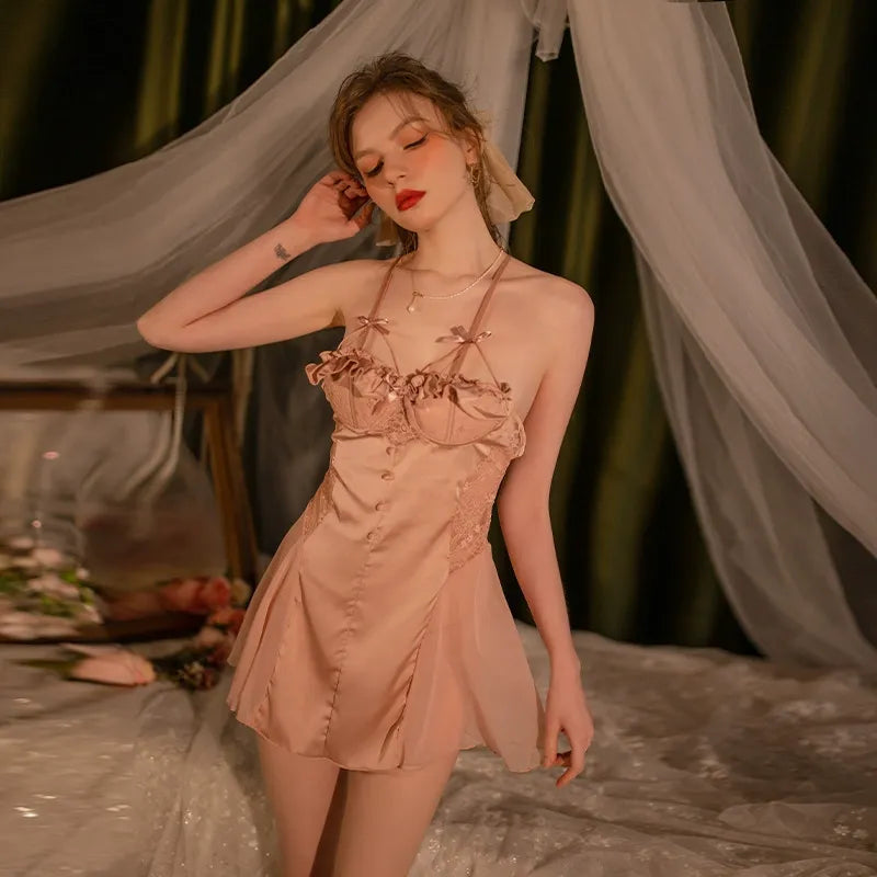 French light luxury romantic silk suspender nightgown