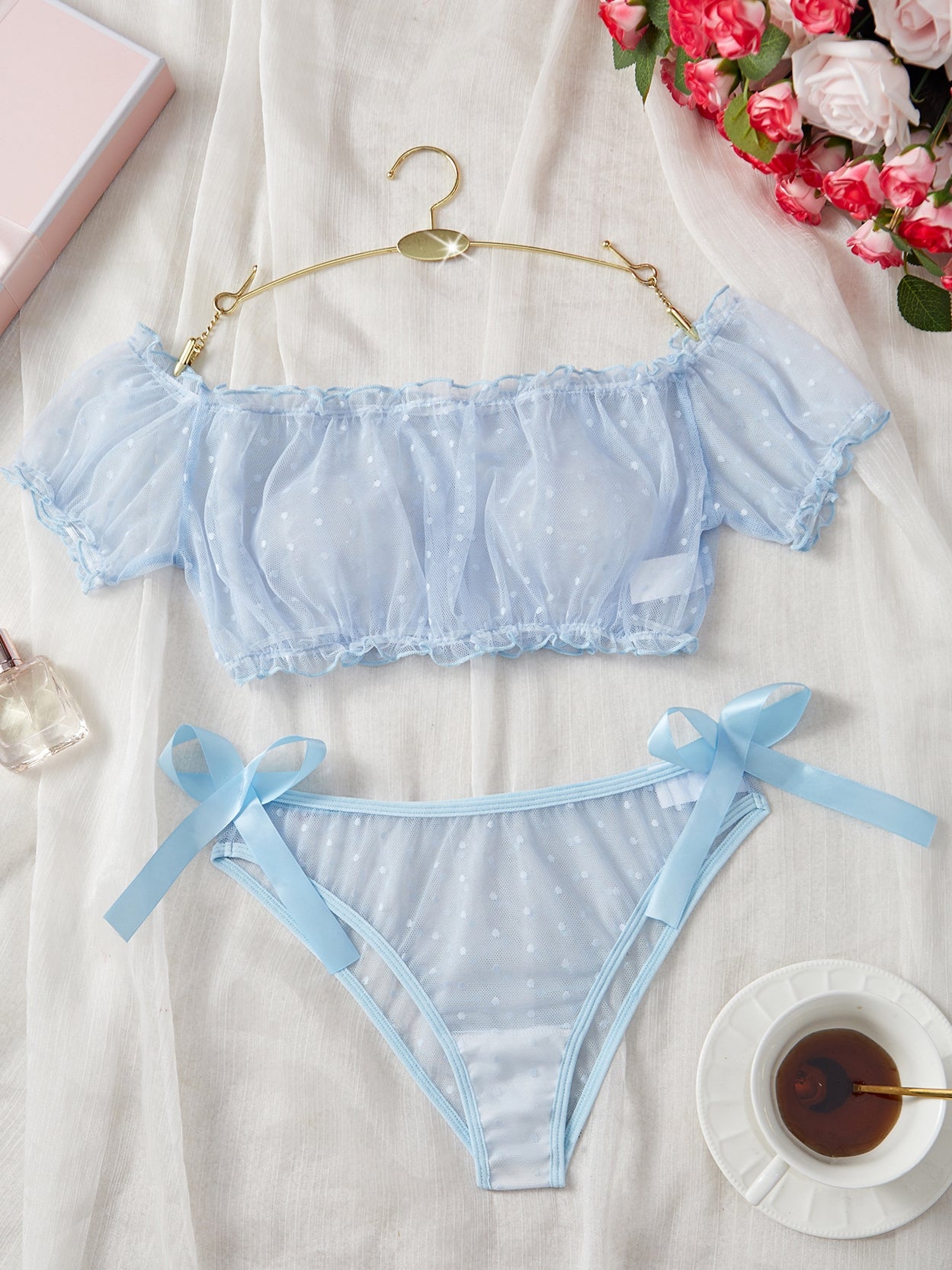 Lace and mesh sheer lingerie with polka dot pattern