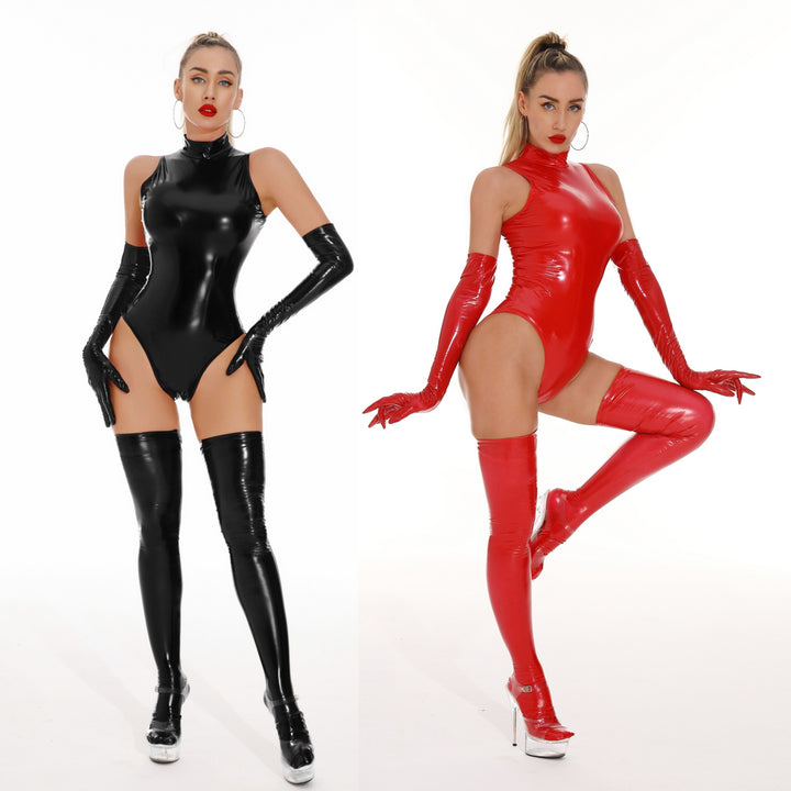Sexy mirrored bodysuit, PU patent leather zipper pants and jacket set