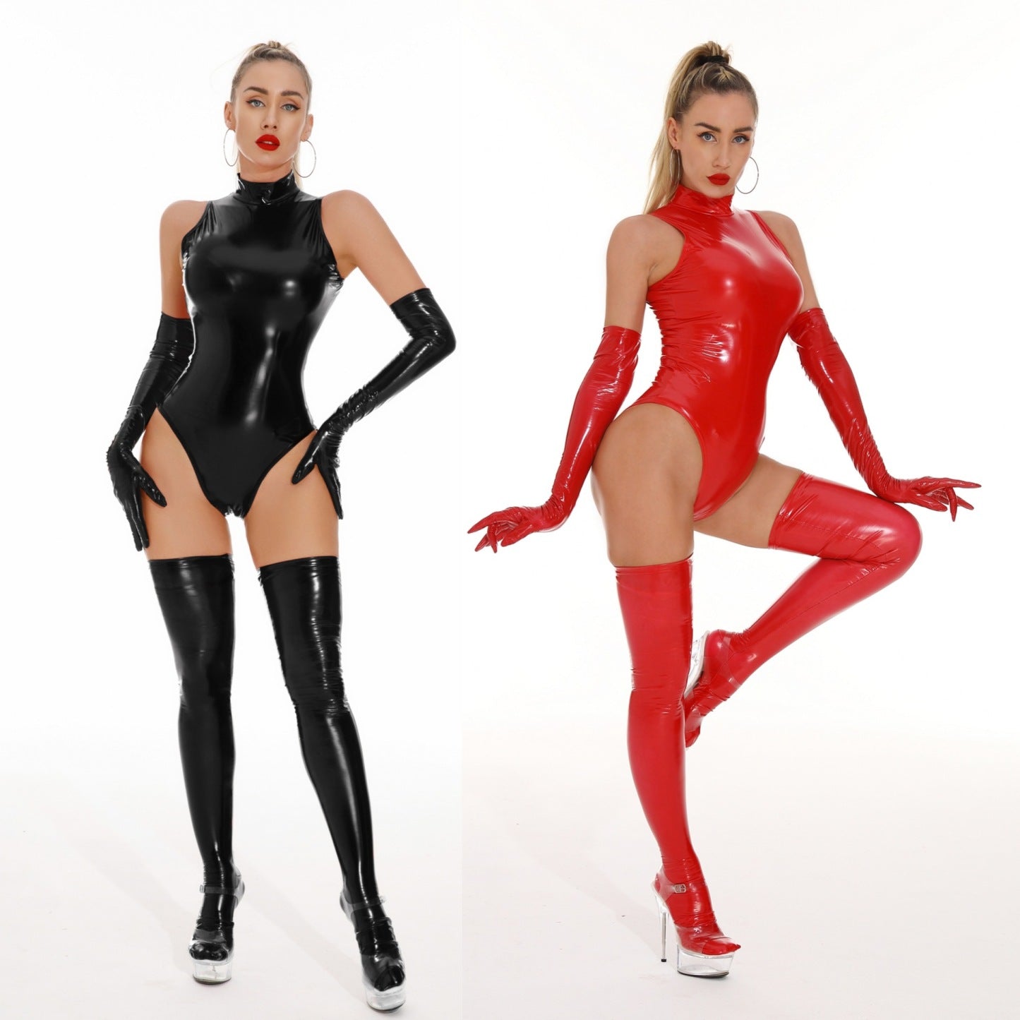 Sexy mirrored bodysuit, PU patent leather zipper pants and jacket set