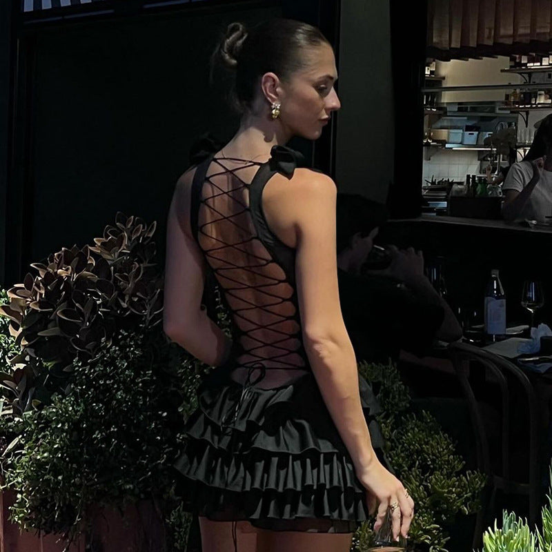 Sexy, fitted, tie-waist, halter-neck, backless, tiered short dress.