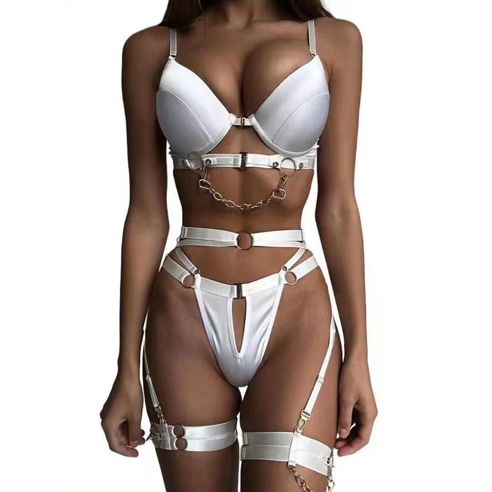 Sexy metal chain embellished solid color open-front lingerie set