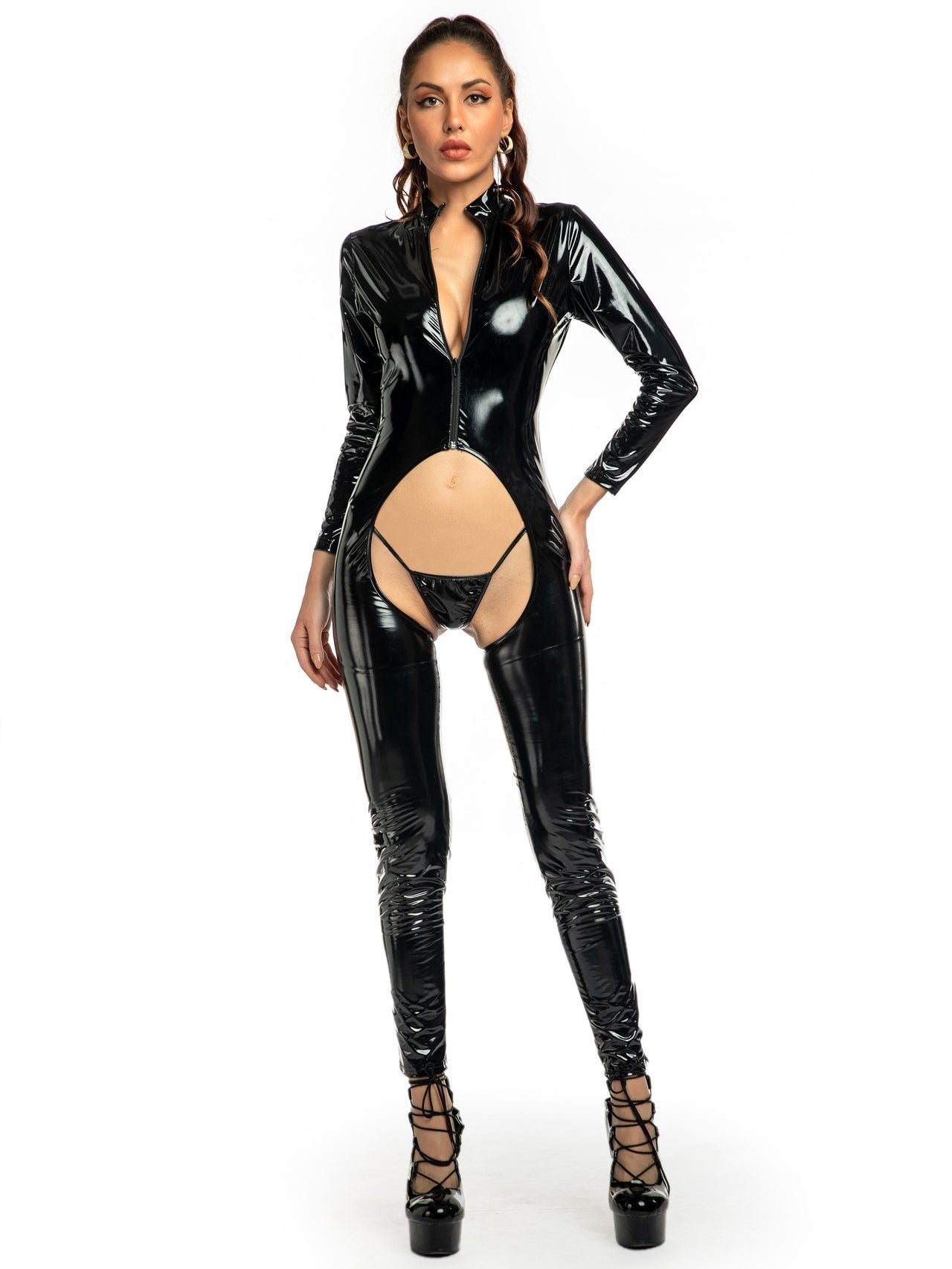 Sexy lingerie bodysuit with mirrored crotchless design, PU patent leather bodysuit set