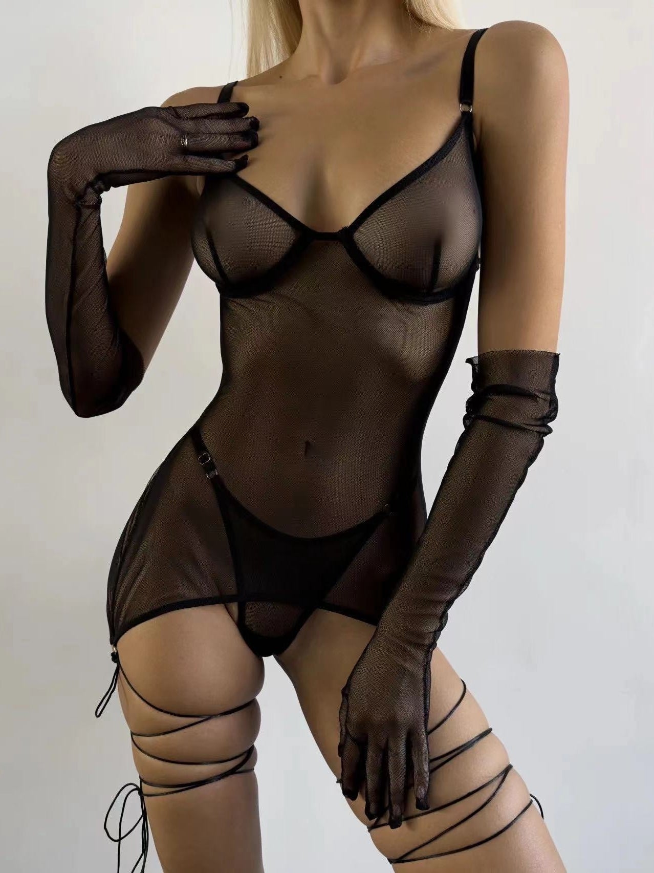 Sexy and seductive mesh strap dress with matching bra set.