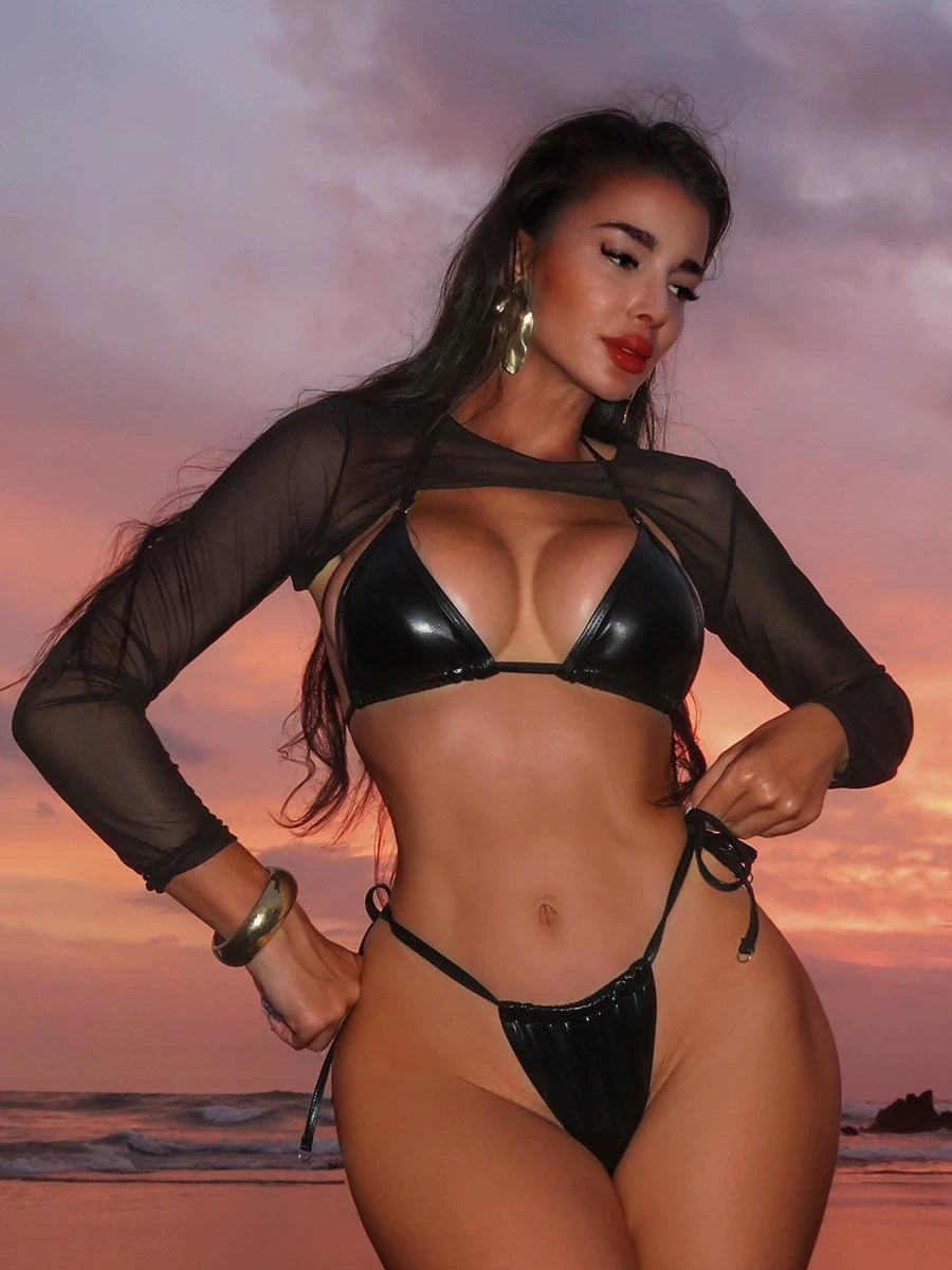 Solid color shiny bikini three-point sexy string bikini