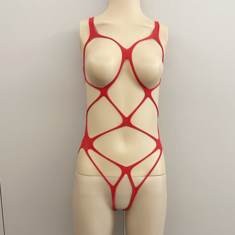 Sexy hollow-out lingerie, one-piece open-crotch fishnet stockings, sheer mesh bodysuit.