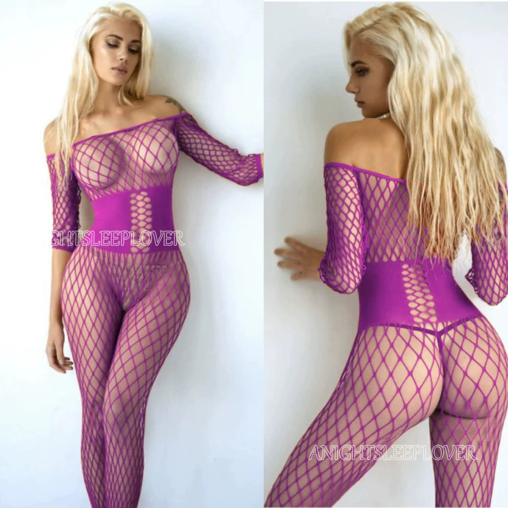 Women's one-shoulder fishnet stockings open crotch hollow bodysuit