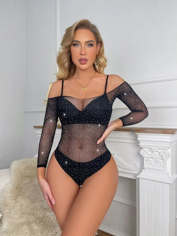 Hollow-out sexy lingerie long-sleeved see-through mesh top
