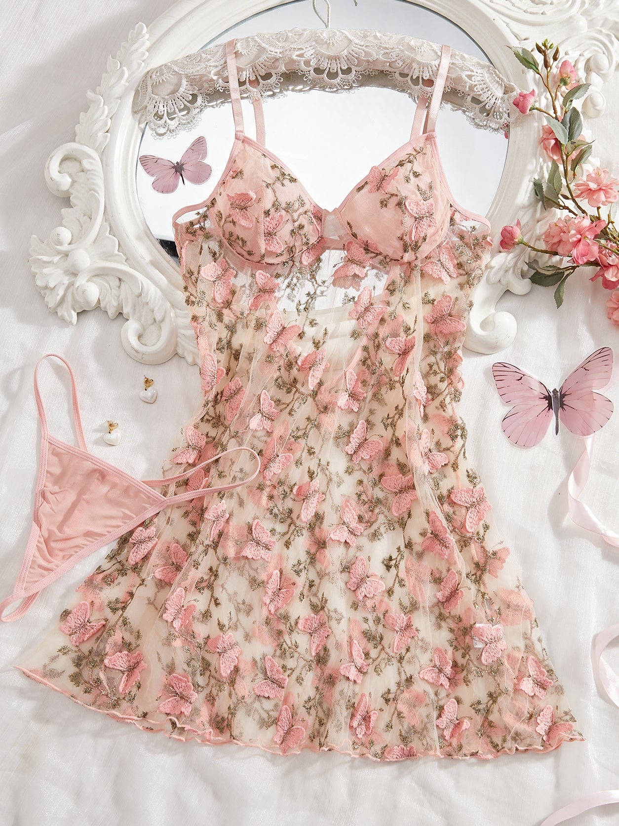 Sexy mesh embroidery hollow strap sweet nightdress