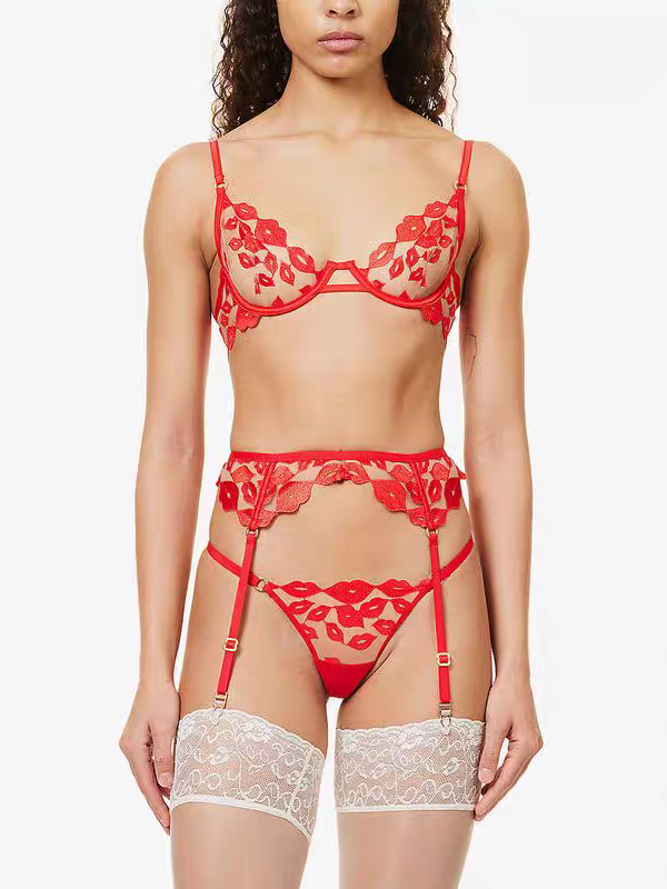Light mesh embroidered red underwear set