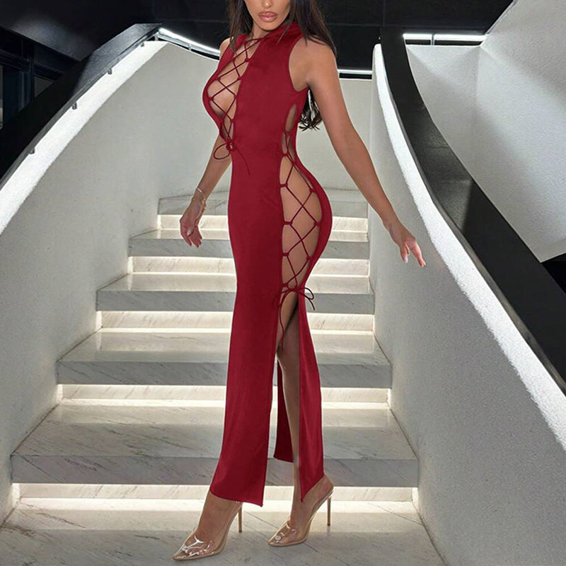 Sexy women's hollow cross slit sleeveless dress