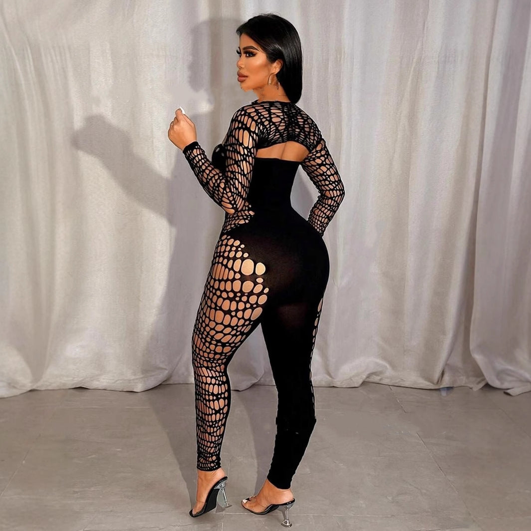 Solid color shawl long-sleeved hollowed-out sexy jumpsuit