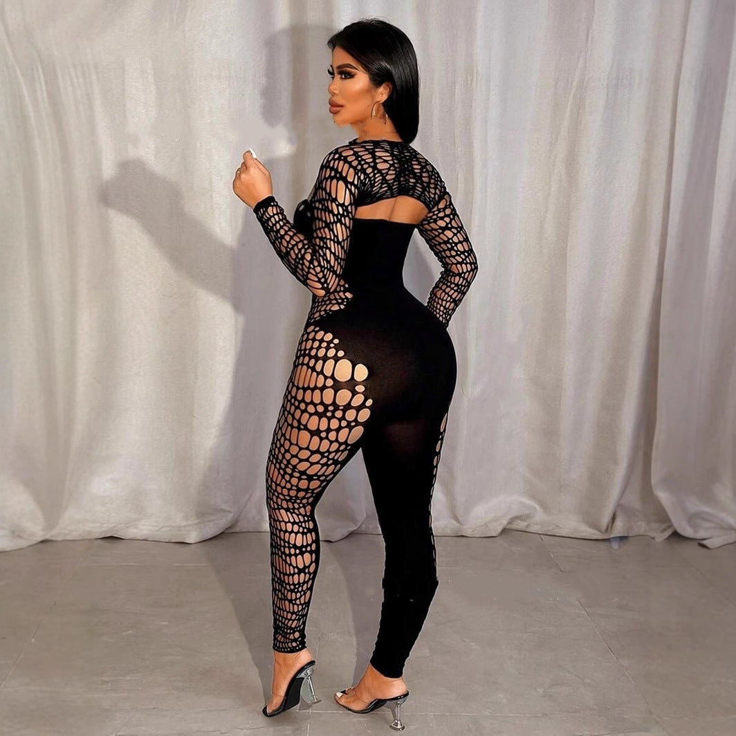 Solid color shawl long-sleeved hollowed-out sexy jumpsuit