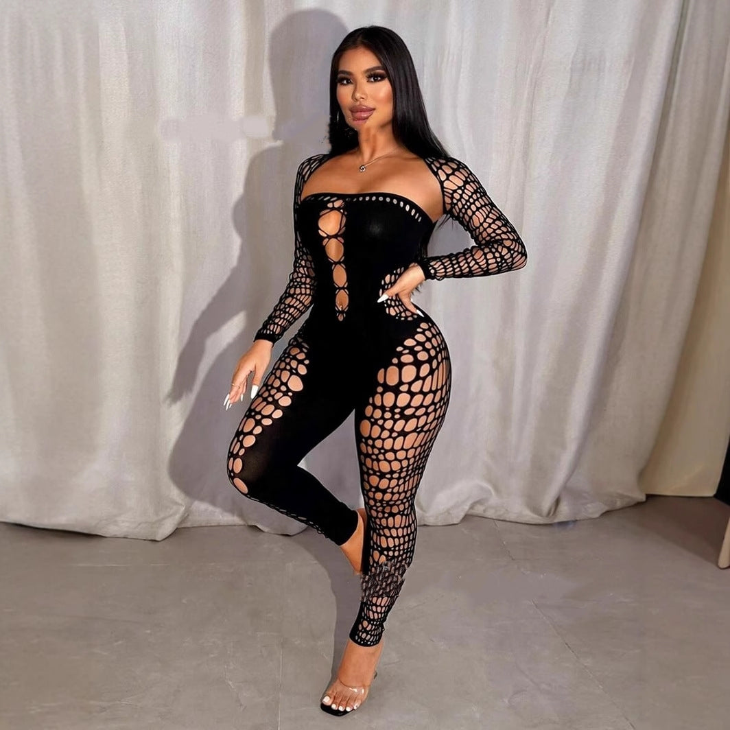 Solid color shawl long-sleeved hollowed-out sexy jumpsuit