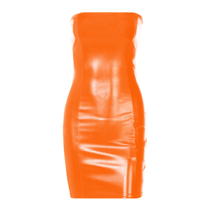 Sexy strapless patent leather dress