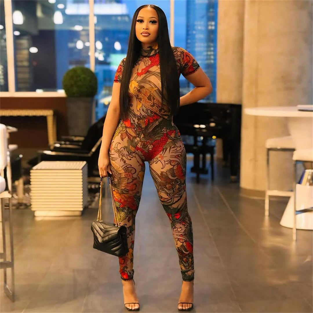 Sexy backless patterned print sheer mesh jumpsuit