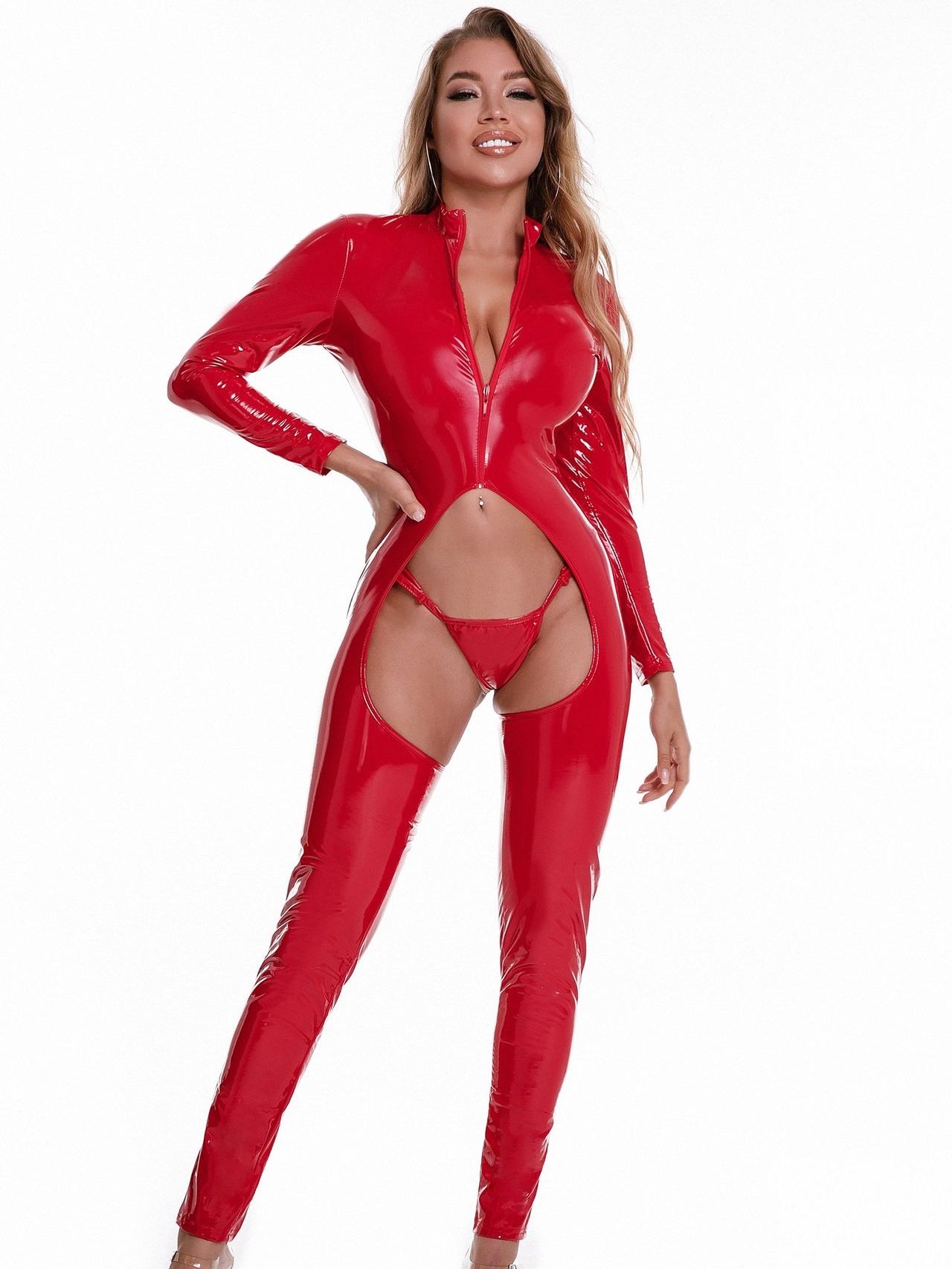 Sexy lingerie bodysuit with mirrored crotchless design, PU patent leather bodysuit set