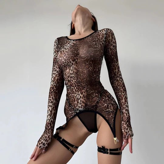 Sexy mesh leopard print long-sleeved top and bodycon sheer jumpsuit.
