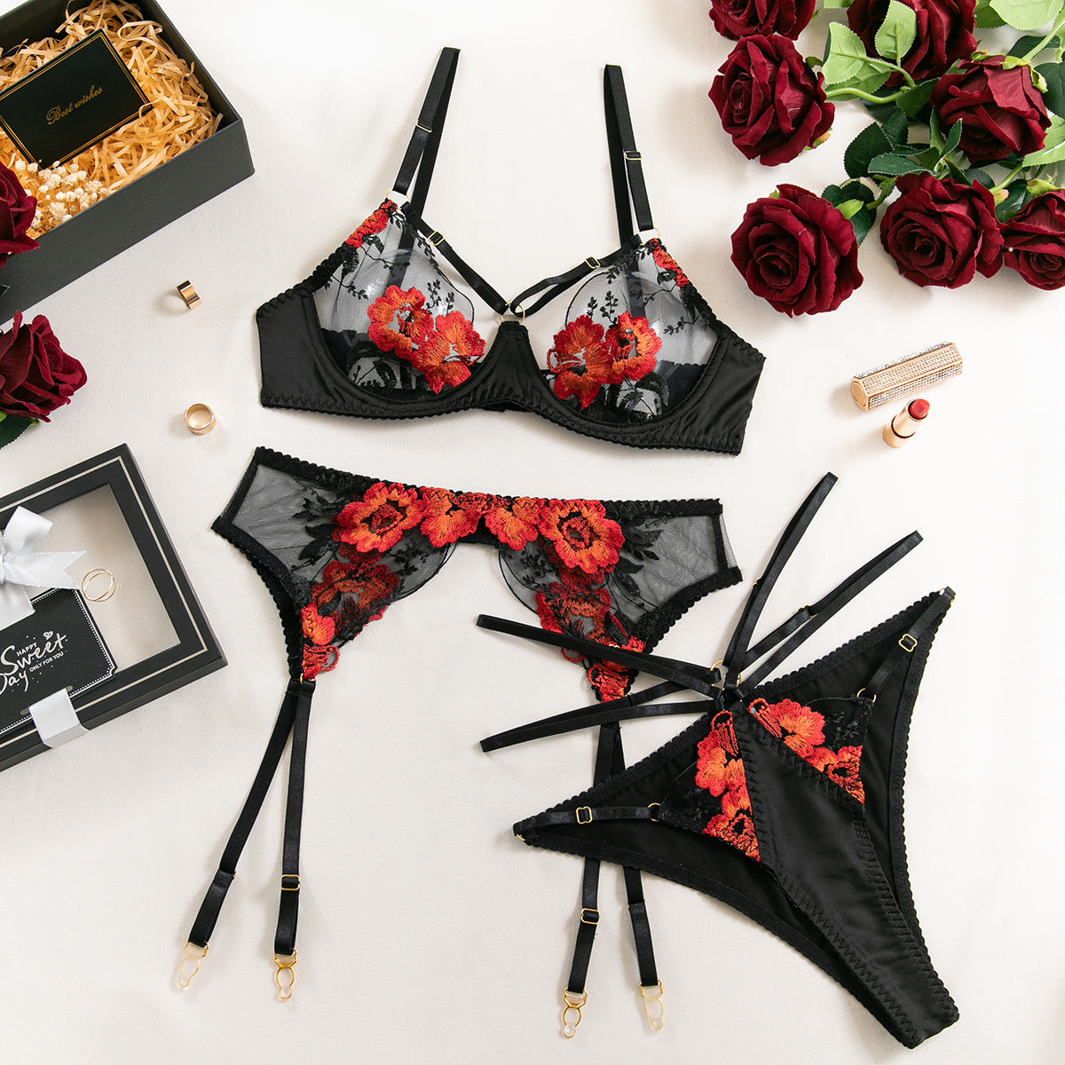 Sexy embroidered lingerie transparent uniform three-piece set