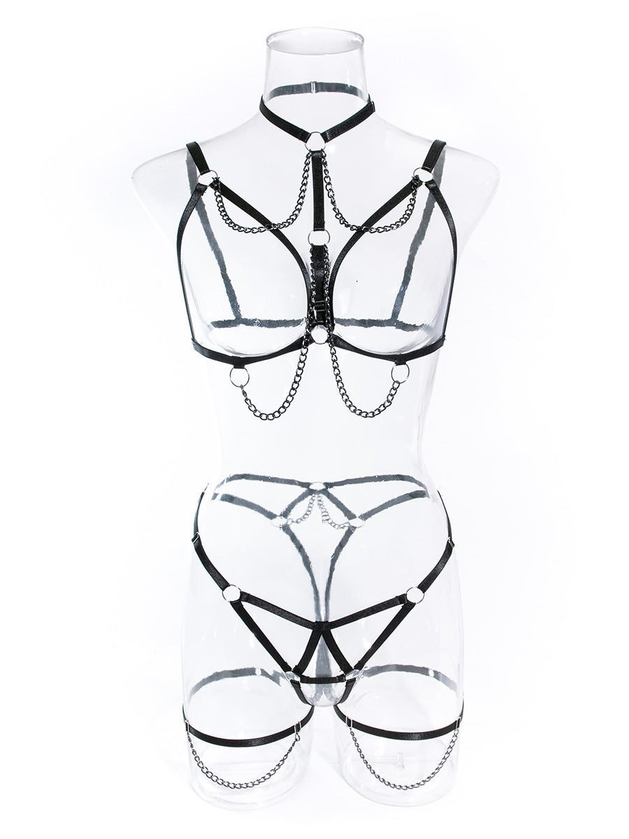 Heavy metal chain-detail three-piece lingerie set for a sexy look