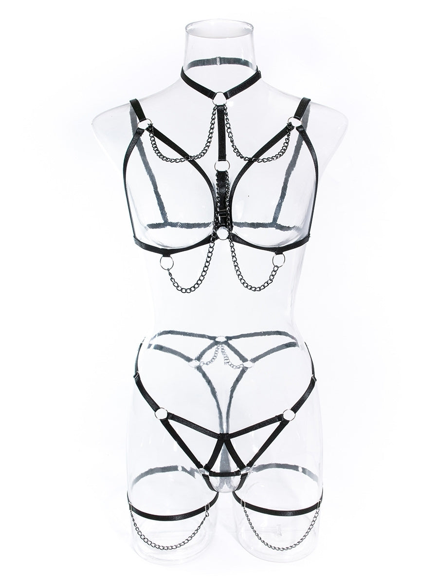 Heavy metal chain-detail three-piece lingerie set for a sexy look