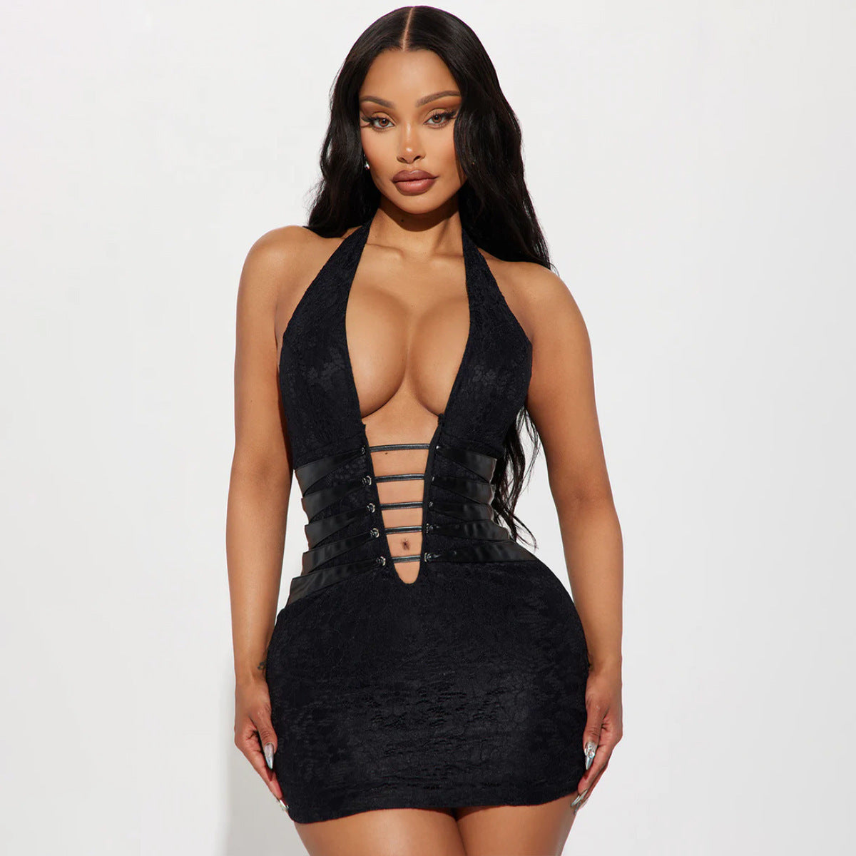 Sexy deep V-neck cutout dress revealing the hips