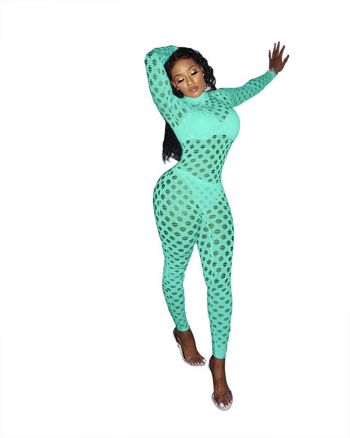Sexy hollow-out zipper solid color long-sleeved tight-fitting jumpsuit
