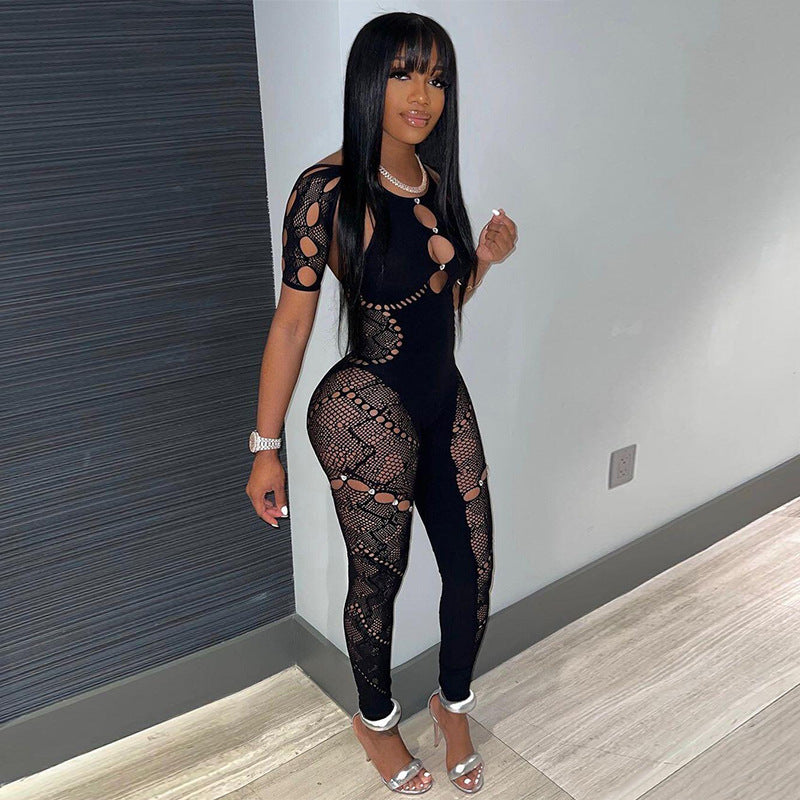 Sexy rhinestone-embellished bodycon knit jumpsuit