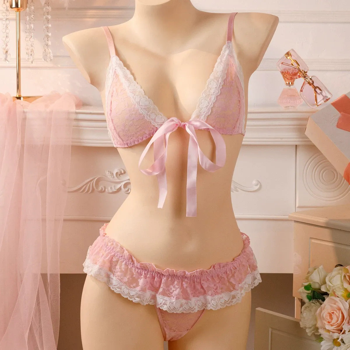 Sexy lingerie lace sexy thong bow set