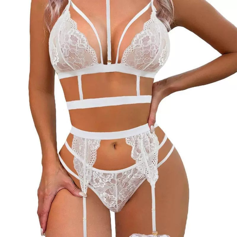 Halter neck detachable lace pattern suspenders sexy lingerie set