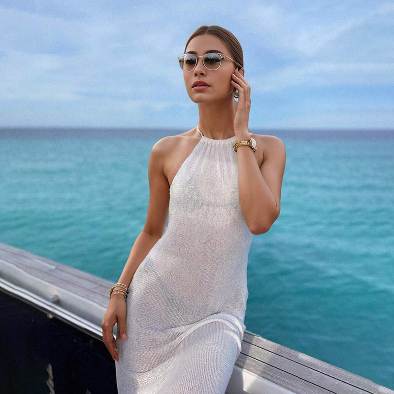 Double-sided high-slit strappy backless knitted dress