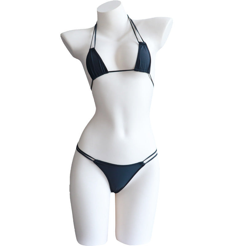 Sexy lingerie three-piece set: strappy bra, panties, and sleepwear set.