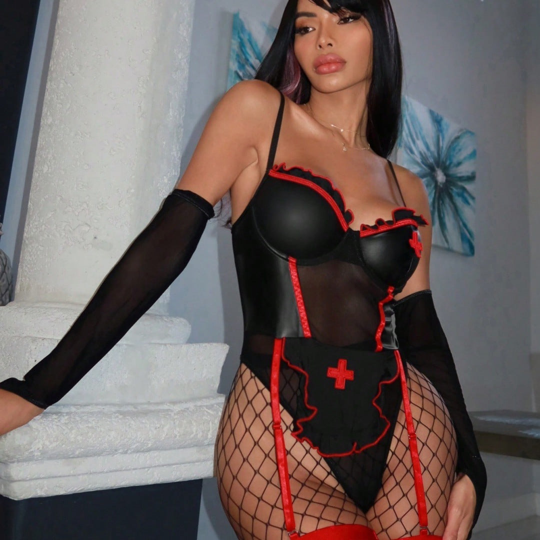 Cosplay nurse outfit, sexy stockings, sheer lingerie set.