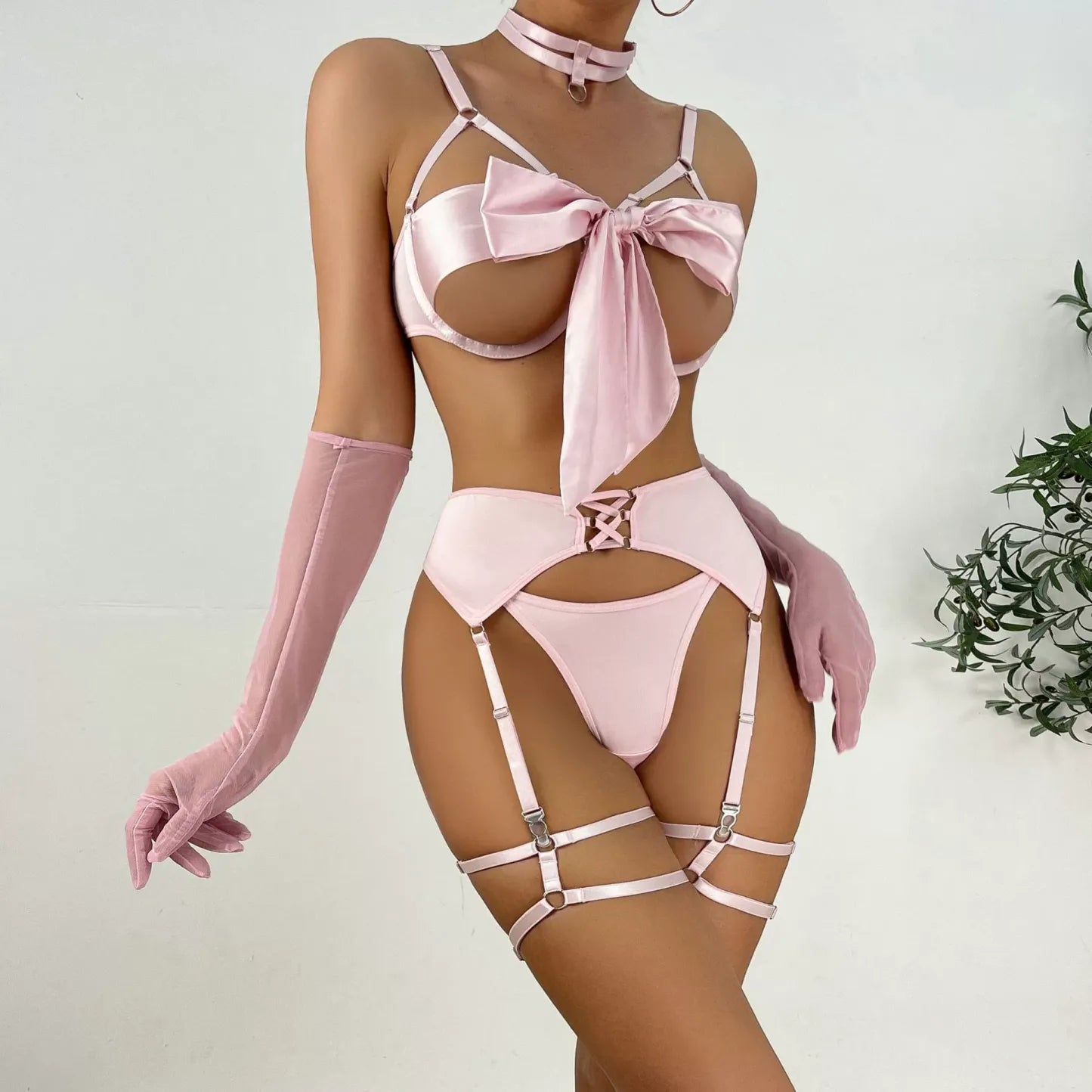 6-piece set of sexy lingerie with cutout design and front tie straps