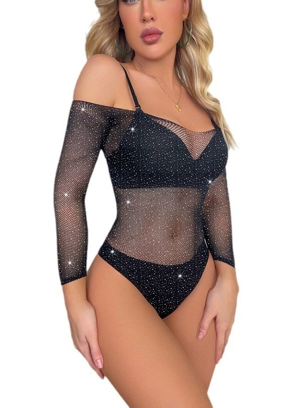 Hollow-out sexy lingerie long-sleeved see-through mesh top