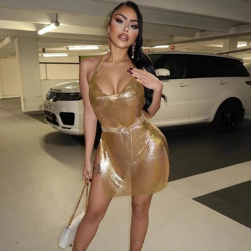 Sexy V-neck backless metallic strap dress