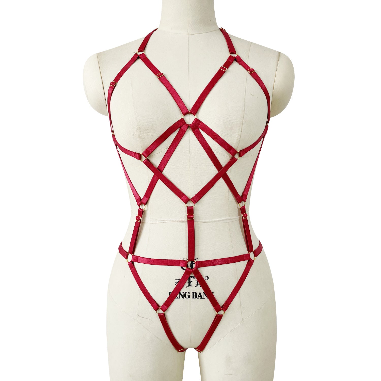 Sexy strappy open-bust bondage and restraint erotic bodysuit