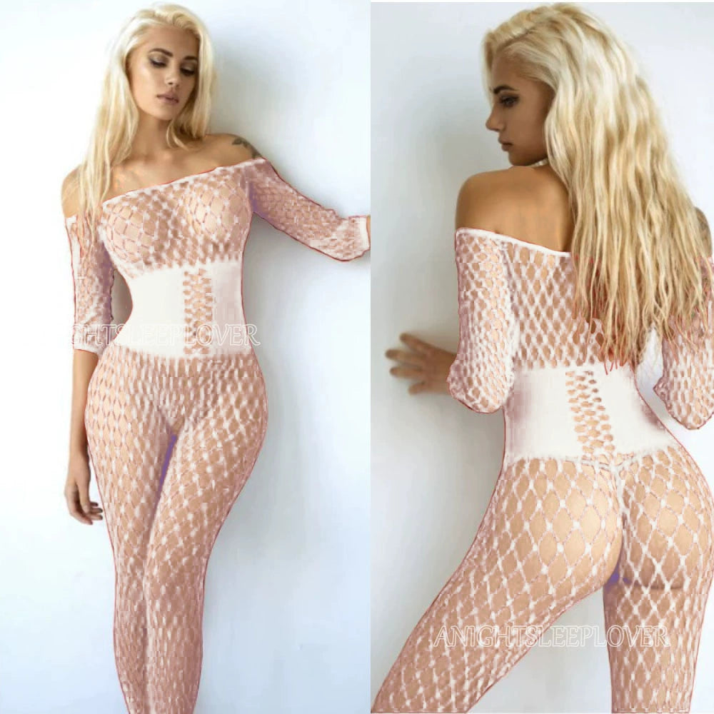 Women's one-shoulder fishnet stockings open crotch hollow bodysuit