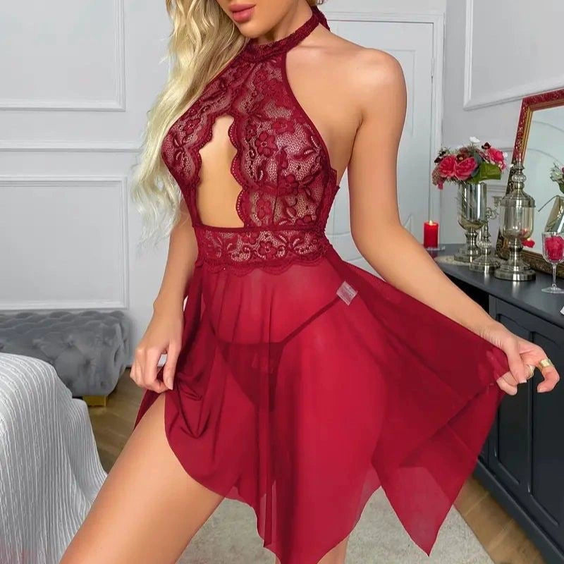 Mesh temptation lace neck see-through backless sexy lingerie set