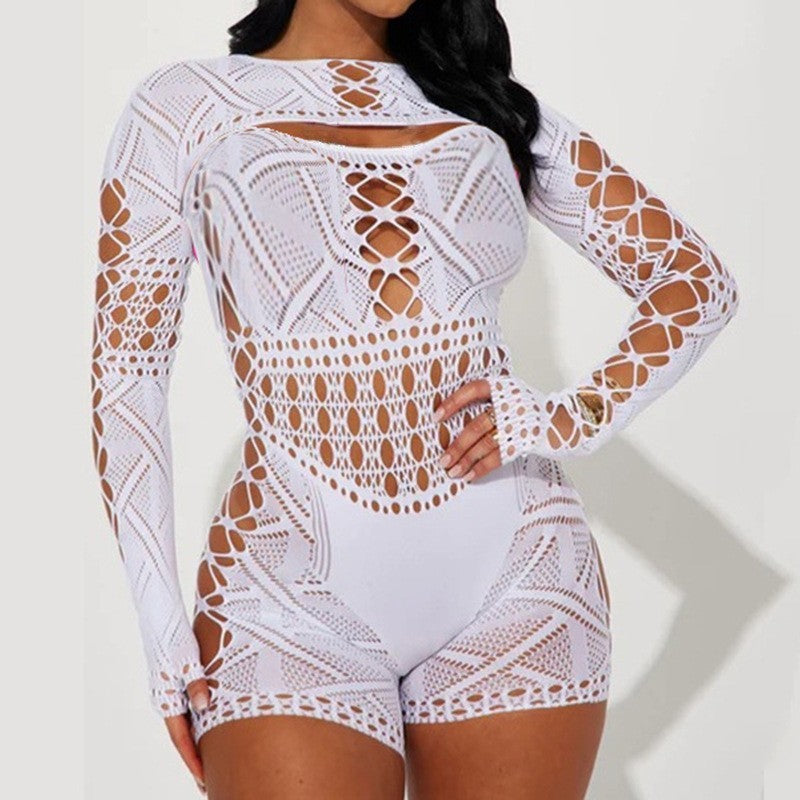 Sexy, sheer lace, high-waisted, form-fitting knitted romper shorts.