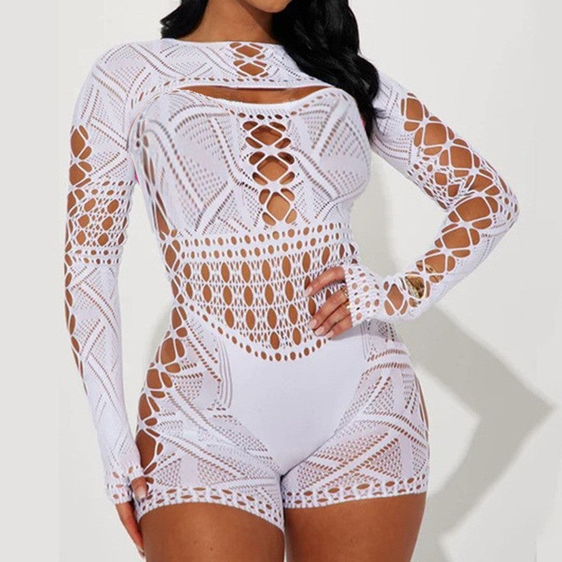 Sexy, sheer lace, high-waisted, form-fitting knitted romper shorts.