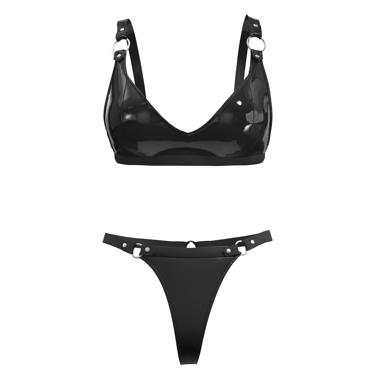 High-gloss patent leather bikini set, sexy leather bra.