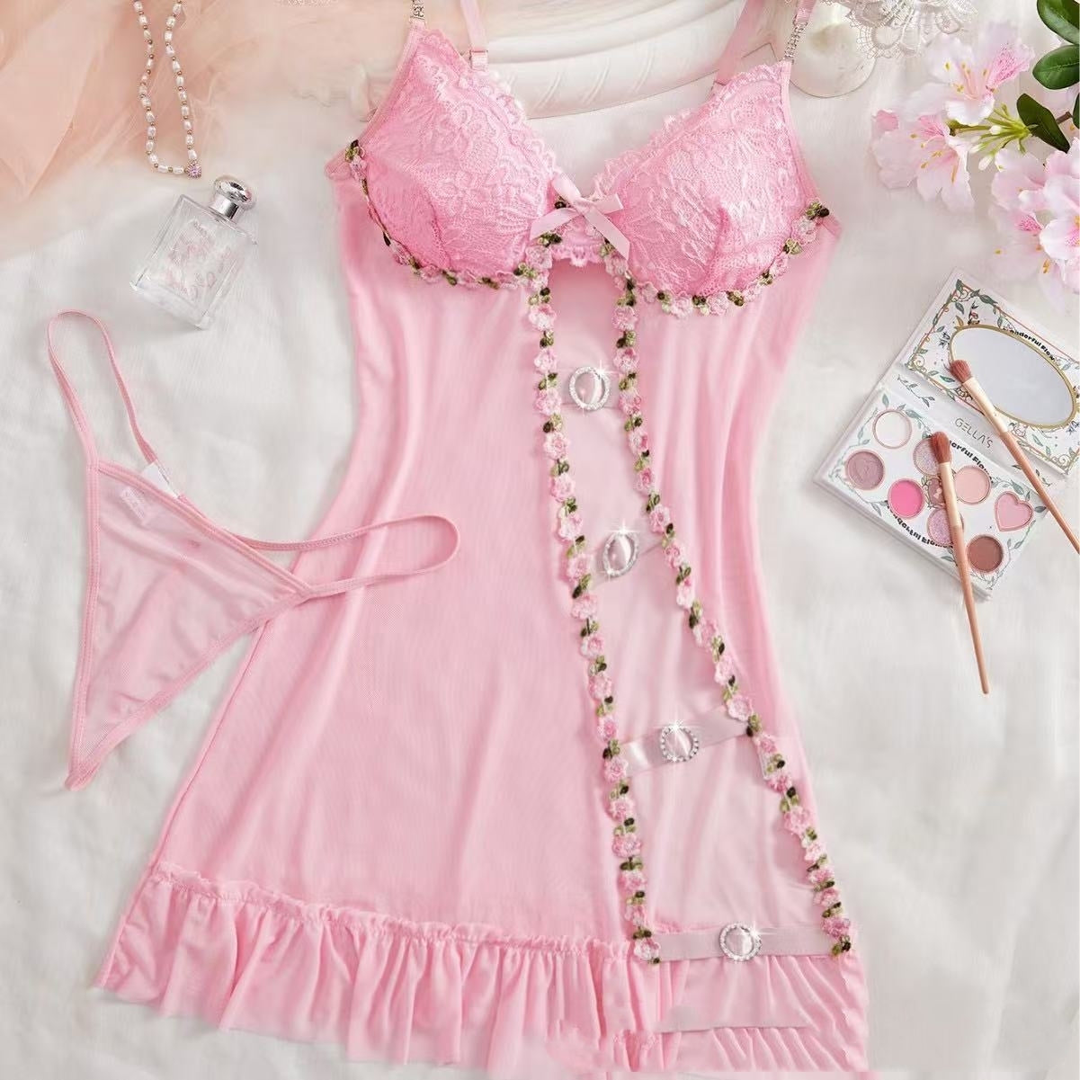 Sexy lingerie: red lips pattern, sheer slip dress, nightgown, and camisole set.