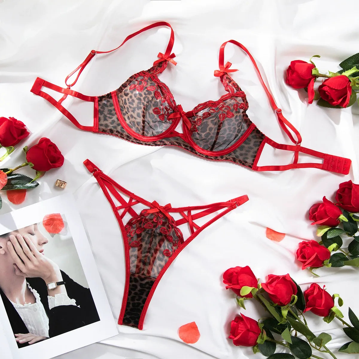 Sexy Leopard Print Red Embroidered Cherry Thin Bowknot Suit