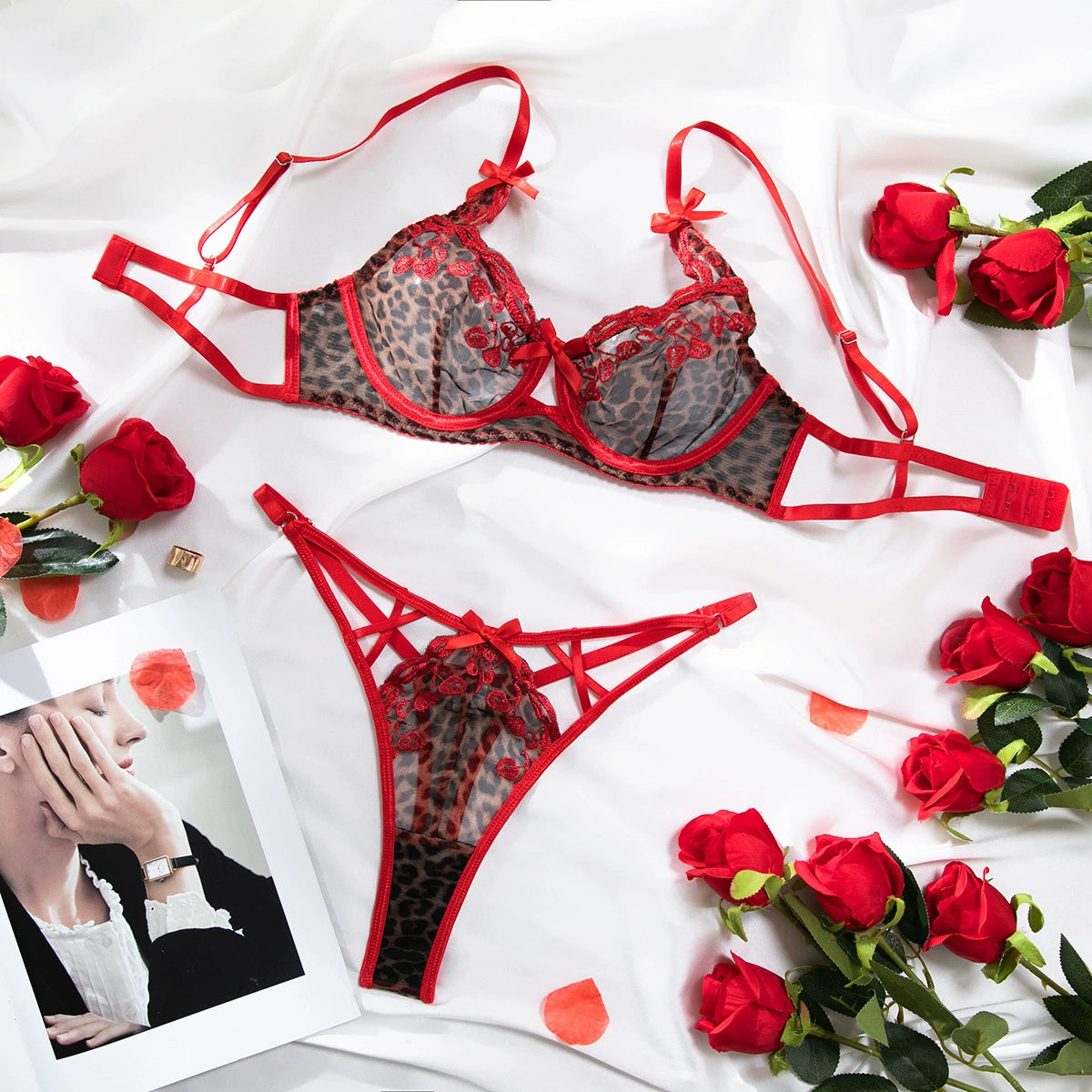 Sexy Leopard Print Red Embroidered Cherry Thin Bowknot Suit