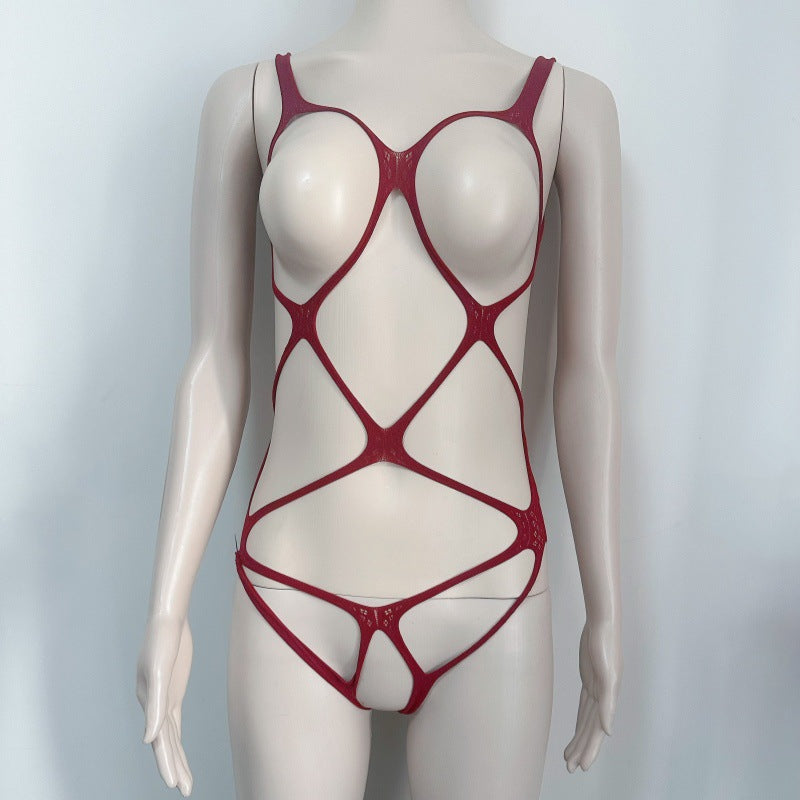 Sexy hollow-out lingerie, one-piece open-crotch fishnet stockings, sheer mesh bodysuit.