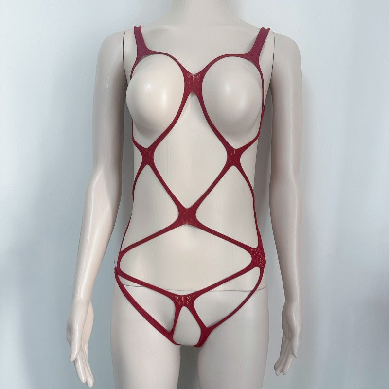 Sexy hollow-out lingerie, one-piece open-crotch fishnet stockings, sheer mesh bodysuit.